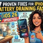 illustration showing iPhone battery draining fast with low battery warning and tips to fix battery issues in iOS 26