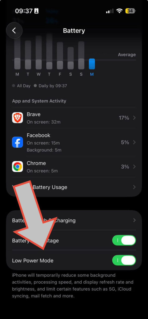 iPhone battery settings showing low power mode turned on to reduce battery drain