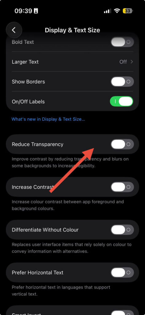 iPhone accessibility settings showing reduce transparency option to save battery