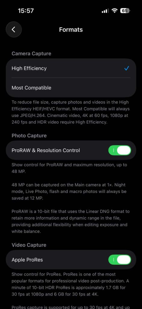iphone camera formats high efficiency proraw prores settings explained