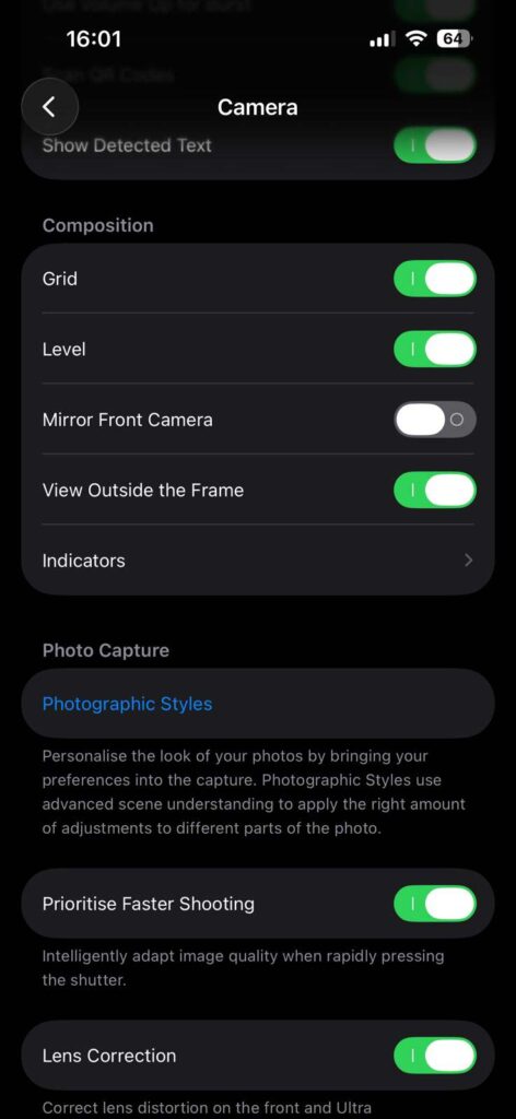 iphone camera settings grid level lens correction setup for better photography