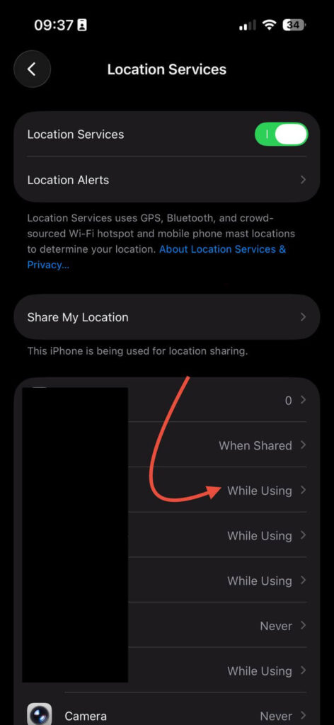 iPhone location services settings showing while using option to reduce battery usage