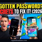 Person showing locked iPhone recovery mode screen with cable icon and restored iPhone after password fix