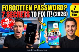 Person showing locked iPhone recovery mode screen with cable icon and restored iPhone after password fix