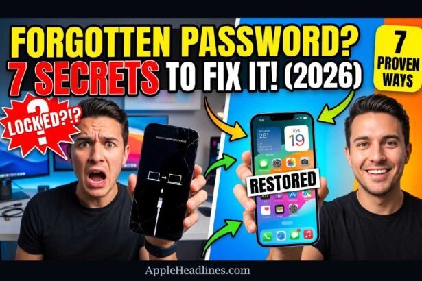 Person showing locked iPhone recovery mode screen with cable icon and restored iPhone after password fix
