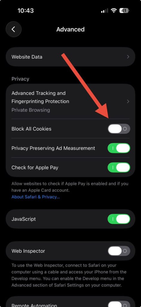 iPhone Safari advanced settings showing block all cookies option turned off