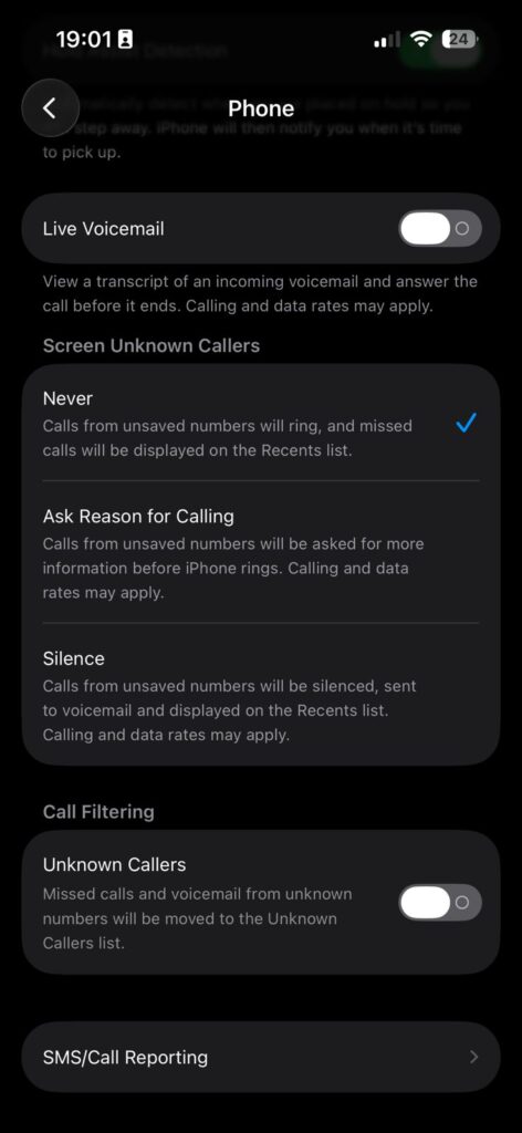 iPhone silence unknown callers setting to block spam calls