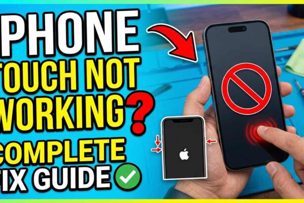 Hand holding an iPhone with a red "no entry" symbol on the screen and text overlay "iPhone Touch Not Working? Complete Fix Guide" with a force restart diagram.