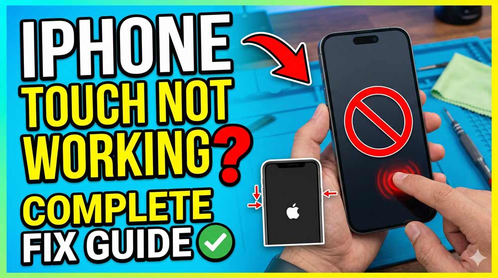 Hand holding an iPhone with a red "no entry" symbol on the screen and text overlay "iPhone Touch Not Working? Complete Fix Guide" with a force restart diagram.