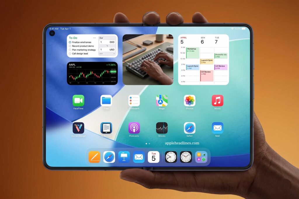 iPhone Ultra foldable display open with large screen and iOS widgets