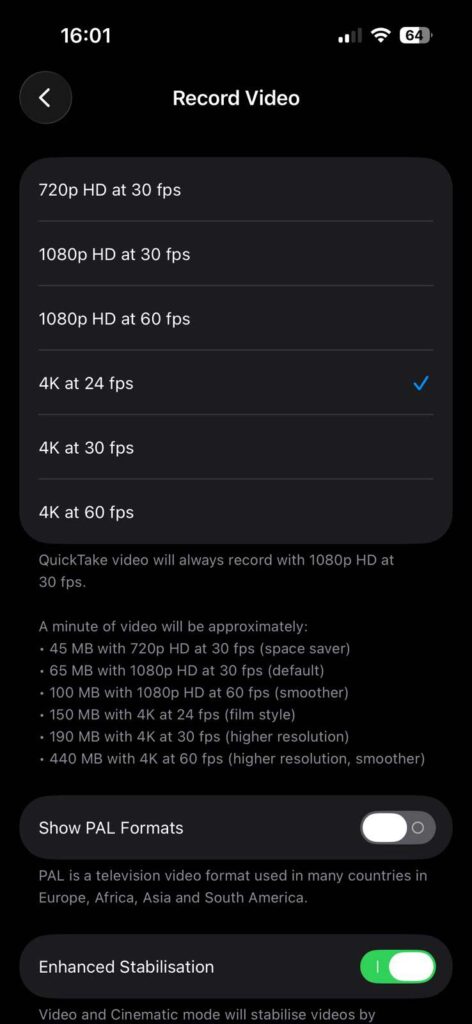 iphone video settings 4k 30fps 60fps options best camera recording settings