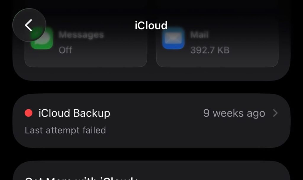 iCloud backup settings screen on iPhone showing backup status for data recovery