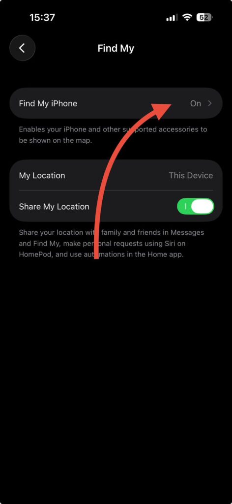 iPhone settings screen showing Find My iPhone turned on before factory reset