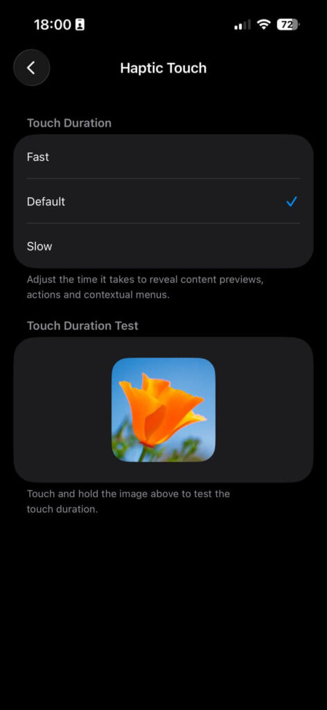 What are haptics on iPhone Haptic Touch settings with touch duration options fast default slow
