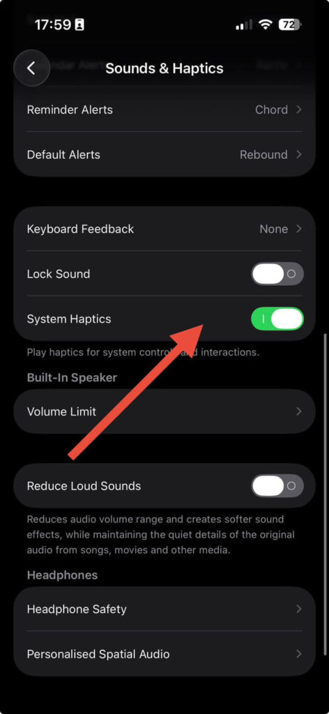 What are haptics on iPhone system haptics toggle enabled in settings