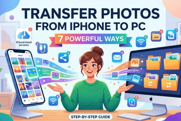 Illustration showing multiple ways to transfer photos from iPhone to PC