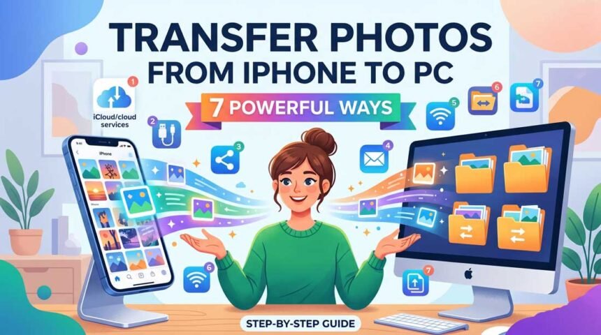Illustration showing multiple ways to transfer photos from iPhone to PC