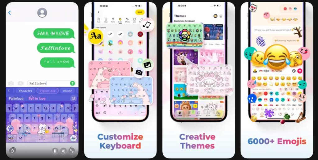 Colorful emoji and theme-based typing app with creative customization tools for Apple phones