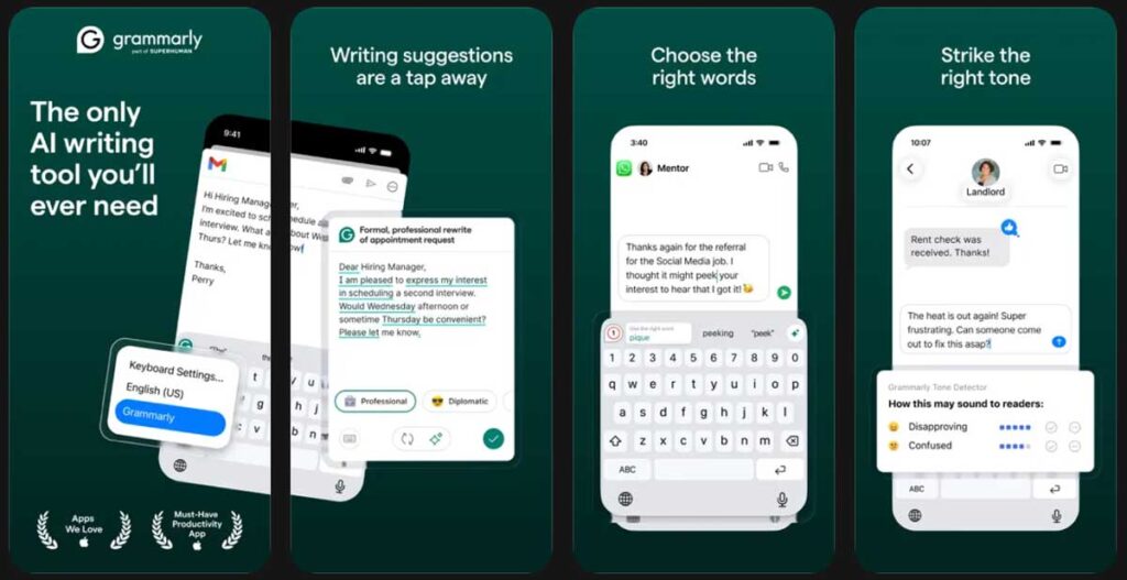 Writing assistant typing app with grammar correction and tone suggestions for iOS users