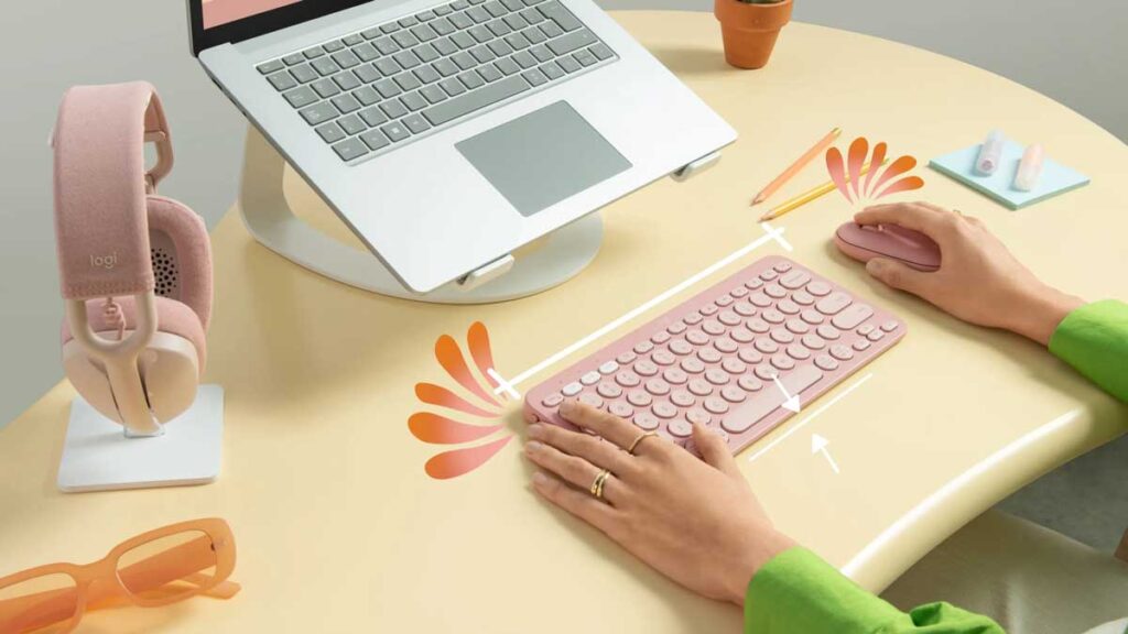 Compact wireless typing setup with pastel Bluetooth typing pad and mouse for Apple smartphone usersq