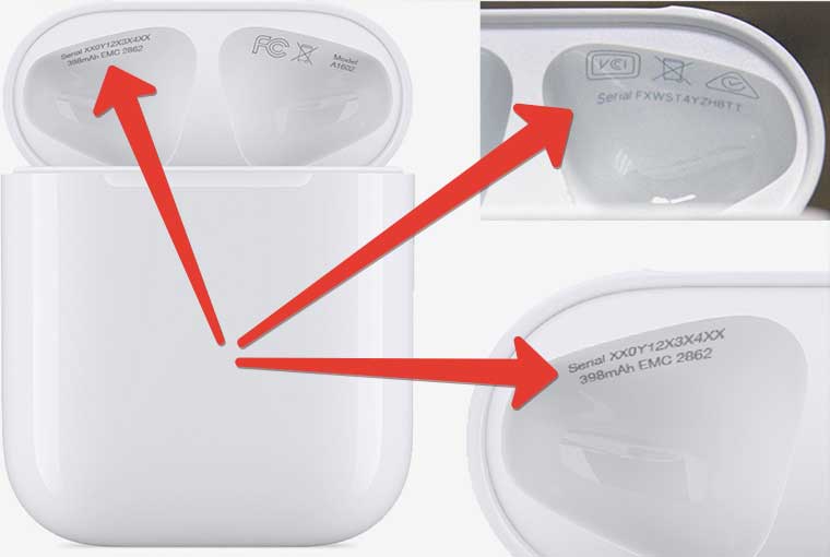 AirPods charging case showing serial number location inside the lid