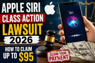 Apple Siri lawsuit 2026 claim payment thumbnail showing iPhone Siri screen, court gavel, and cash reward