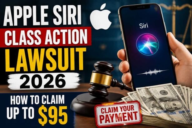 Apple Siri lawsuit 2026 claim payment thumbnail showing iPhone Siri screen, court gavel, and cash reward