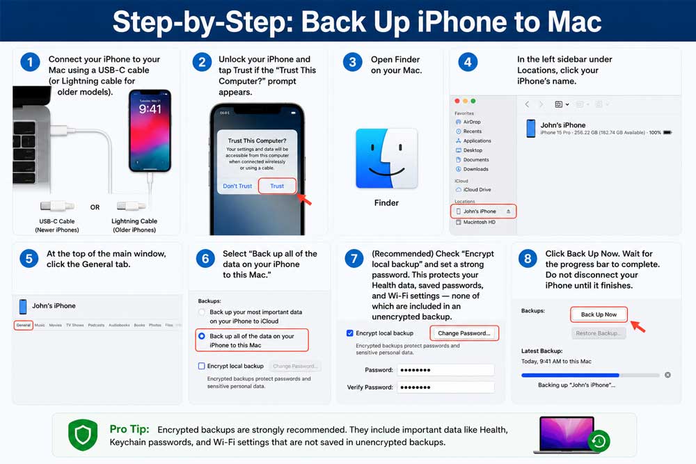 Step-by-step tutorial showing how to back up iPhone to Mac using Finder
