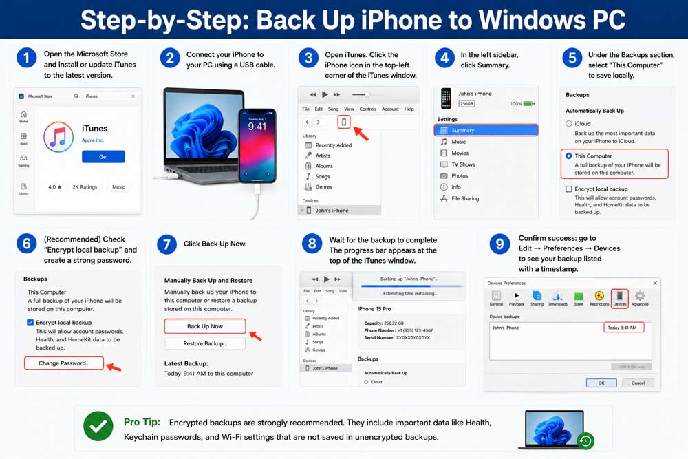 Step-by-step guide showing how to back up iPhone to Windows PC using iTunes