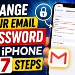 iPhone Mail settings screen showing Gmail account security update tutorial