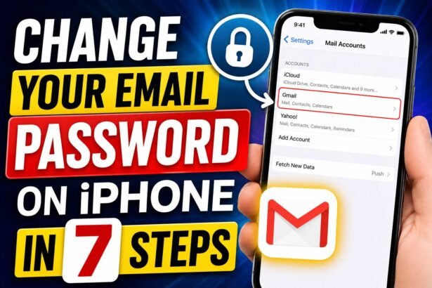 iPhone Mail settings screen showing Gmail account security update tutorial