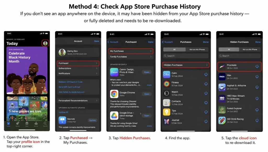 Steps to find hidden iPhone apps from App Store purchase history