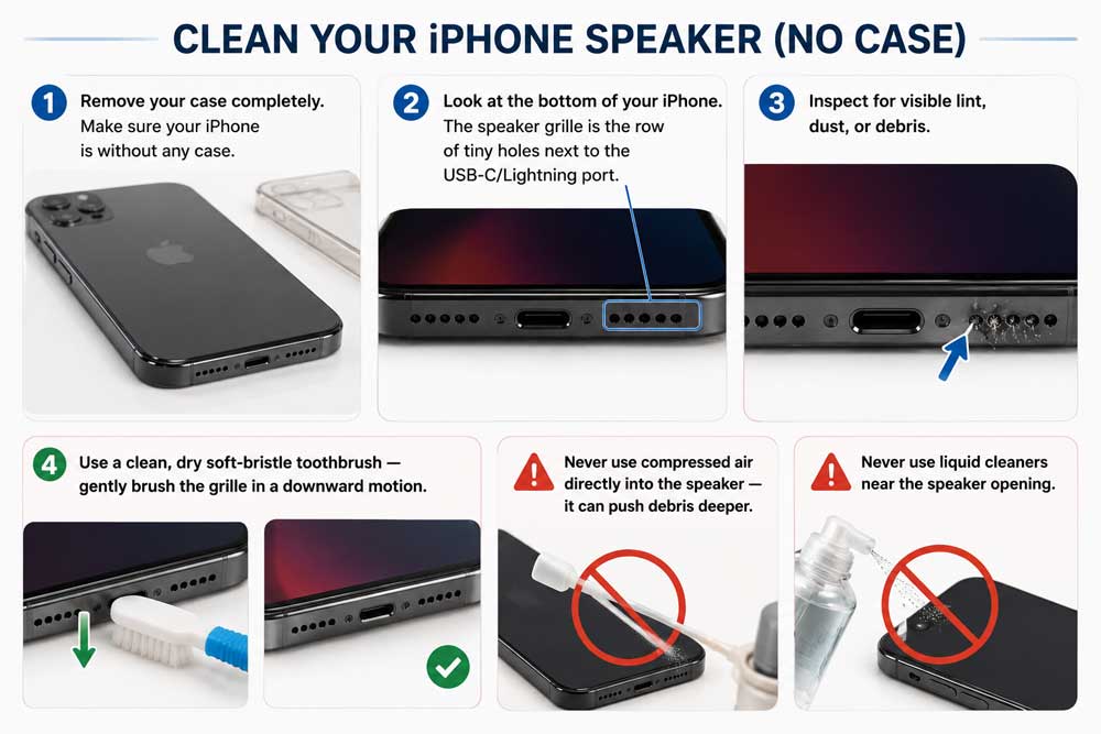 Step-by-step guide showing how to safely clean iPhone speaker holes and remove lint buildup