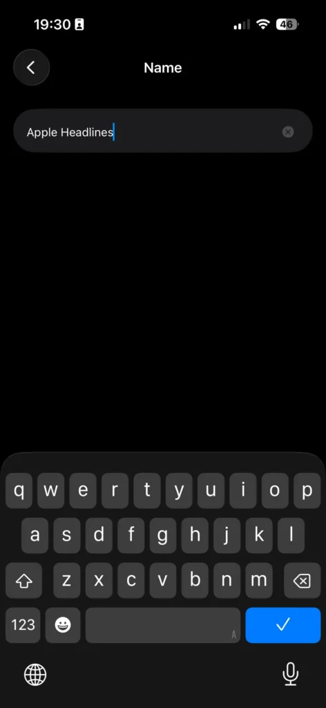 Typing a custom device name on iPhone keyboard screen