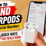 iPhone displaying AirPods serial number settings beside AirPods Pro charging case