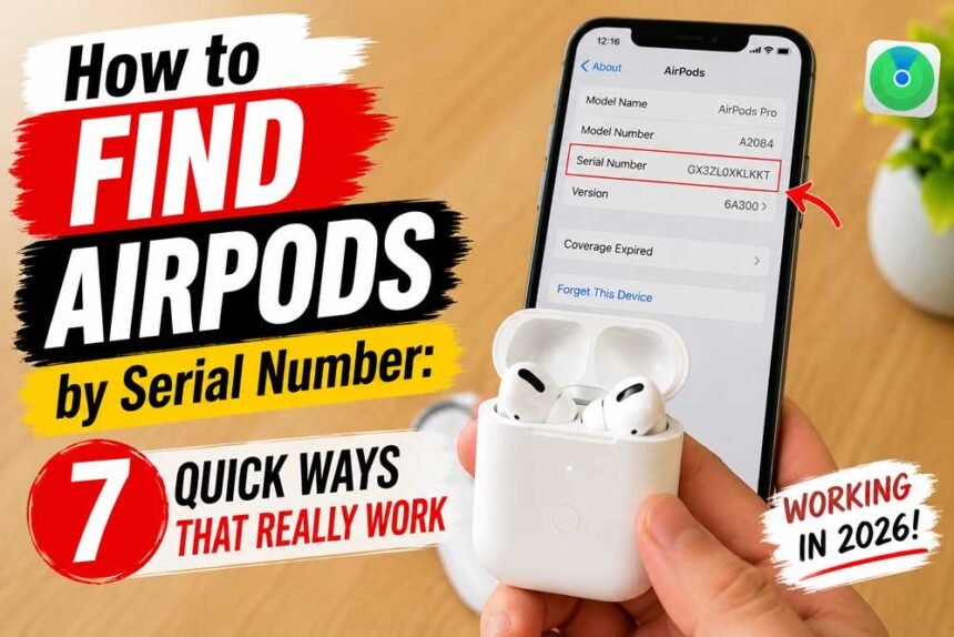 iPhone displaying AirPods serial number settings beside AirPods Pro charging case