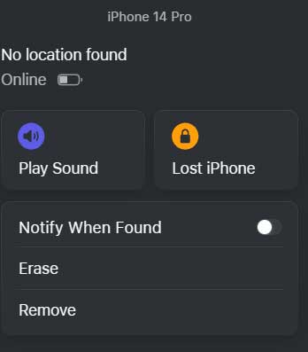 Find My iPhone screen showing erase and lost mode options