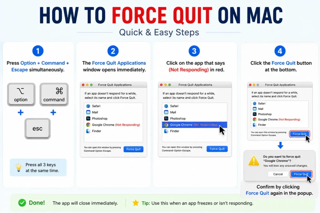 Step-by-step guide showing Option Command Escape shortcut to force quit frozen apps on Mac