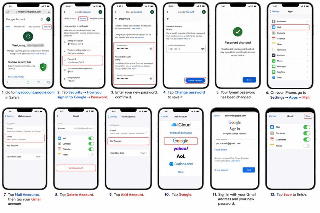 visual tutorial for reconnecting a Gmail account after updating account credentials on iPhone