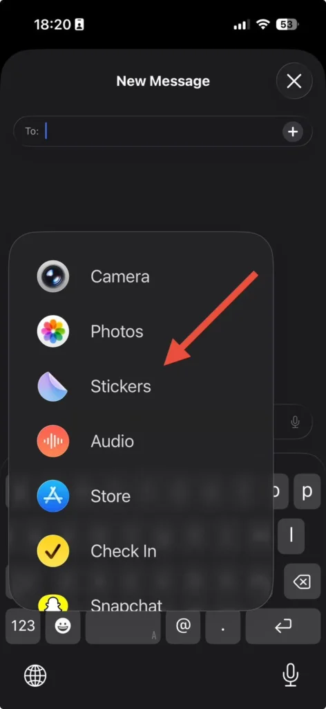 iPhone Messages app showing the Stickers option in iOS 26