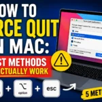 MacBook showing Force Quit Applications window with keyboard shortcut and frozen app warning