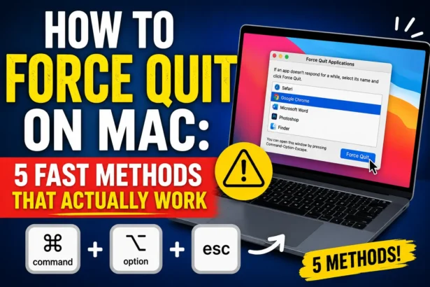 MacBook showing Force Quit Applications window with keyboard shortcut and frozen app warning