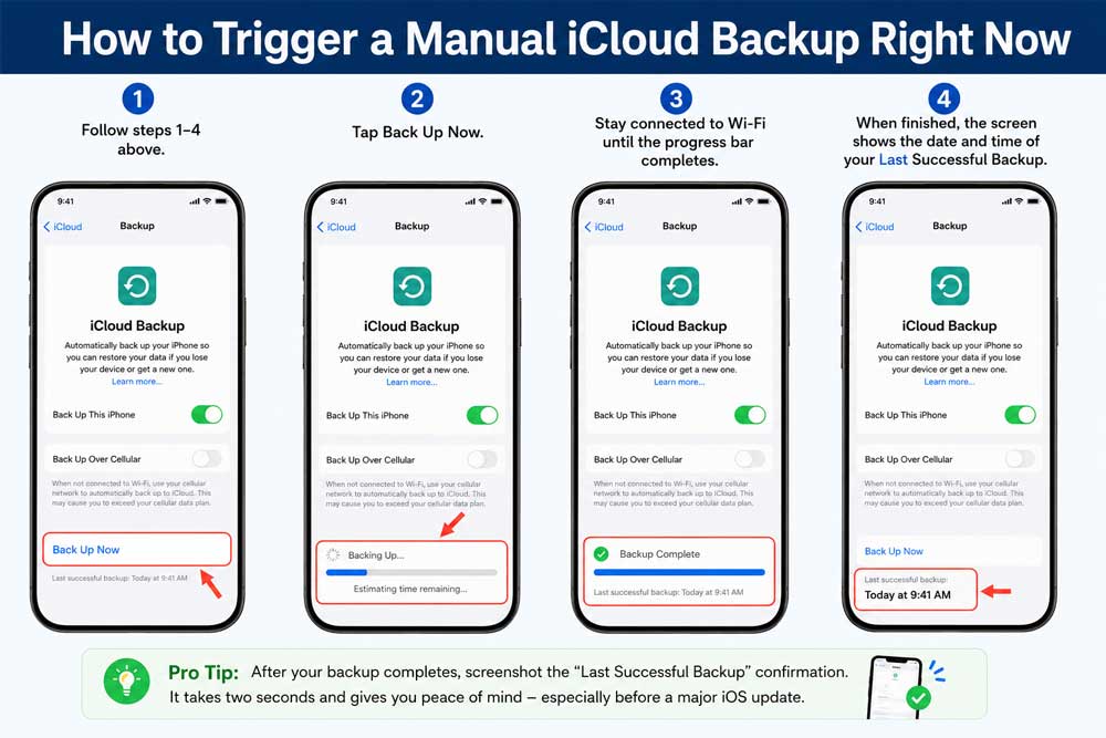 Manual iCloud backup tutorial on iPhone with Back Up Now button highlighted