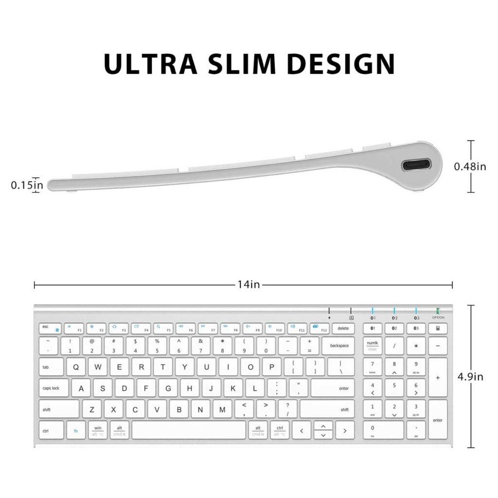 Ultra slim wireless typing accessory with numeric keypad for Apple mobile and tablet users