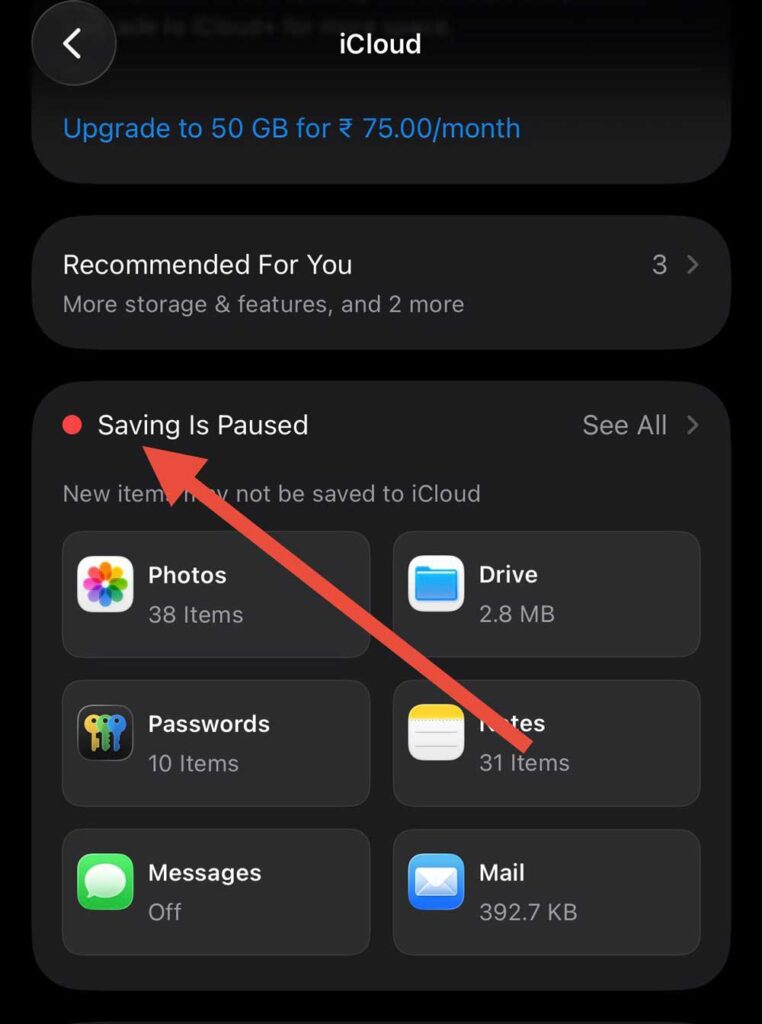 iCloud storage screen showing syncing paused for photos on iPhone