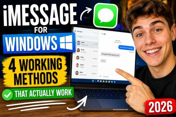 iMessage for Windows tutorial thumbnail showing laptop with Messages app and 4 working methods in 2026