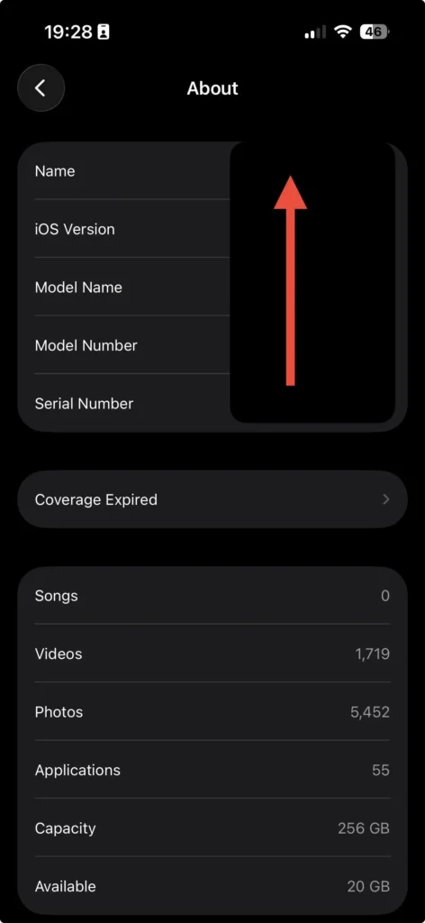 About page on iPhone highlighting the Name option with an arrow indicator