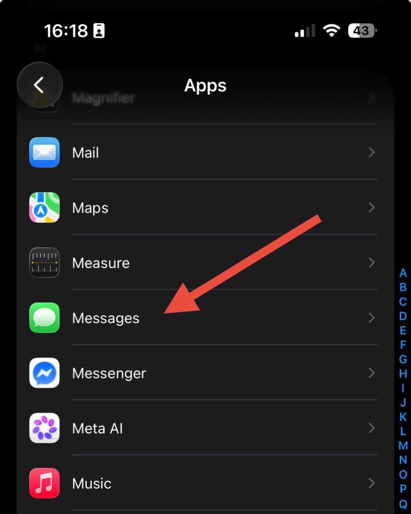 Apps section on iPhone settings with Messages option highlighted