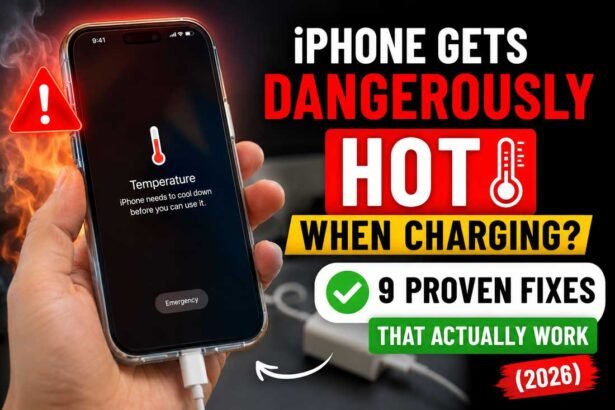 Hand holding an overheating iPhone while charging with temperature warning screen and hot charging fixes text