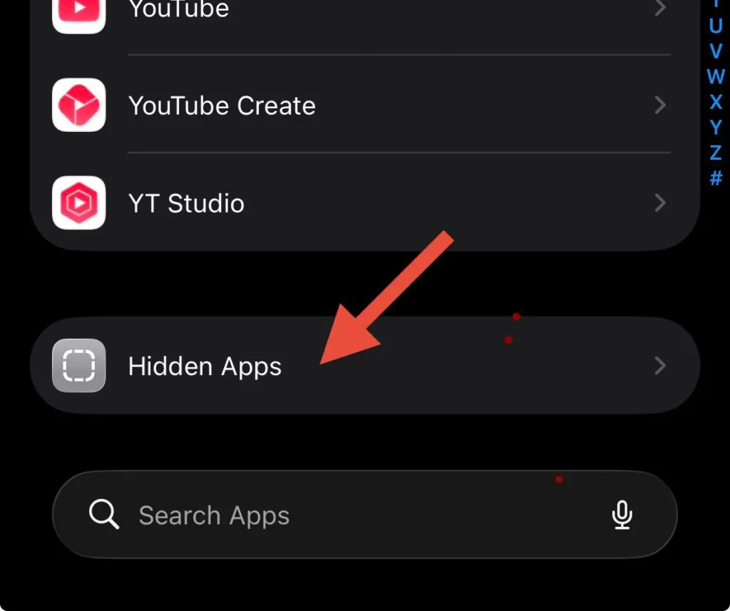 Hidden Apps option in iPhone settings menu
